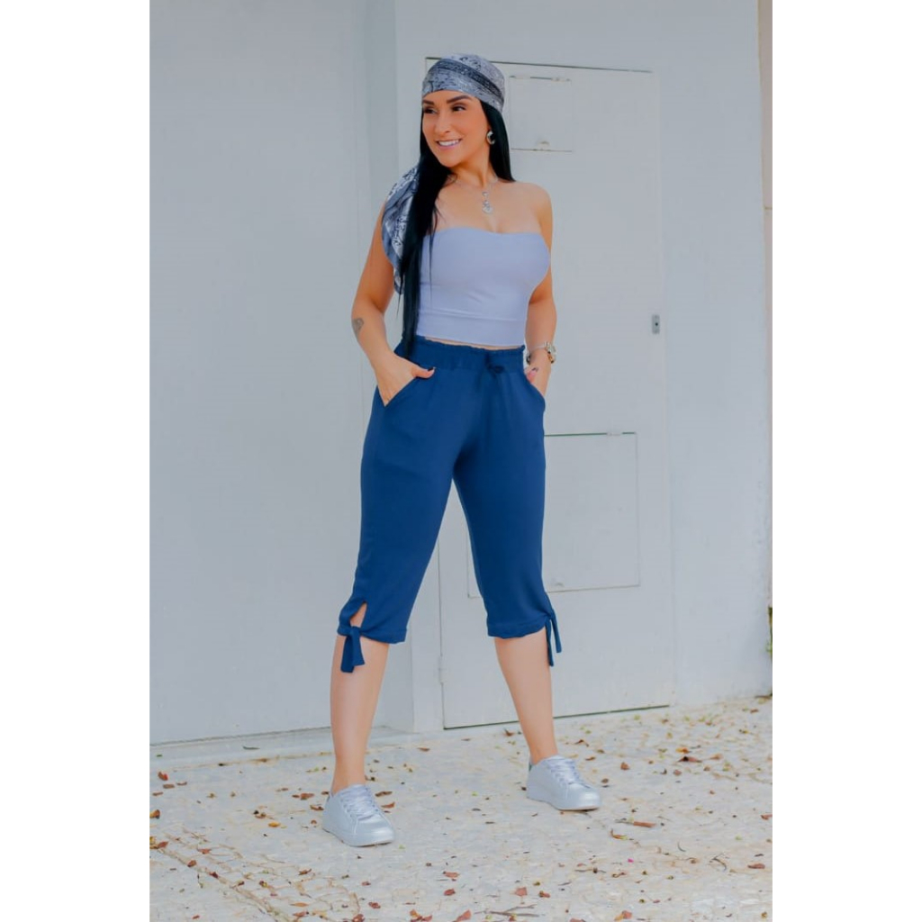 Calça Capri bermuda Capri Azul Marinho de em malha Viscolycra laço Shorts Cintura alta Confortável cós alto Viscolino