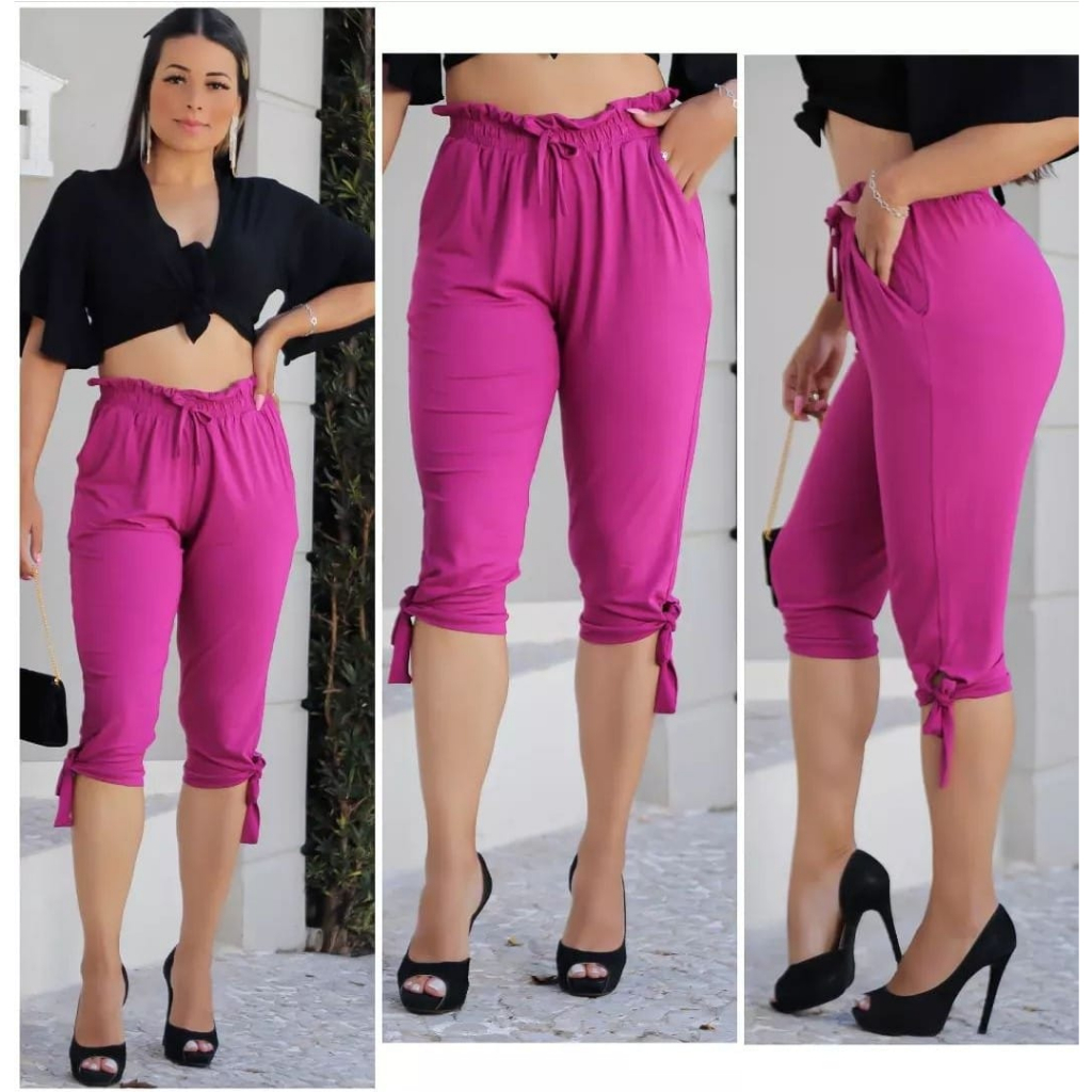 Calça Capri bermuda Capri Rosa de em malha Viscolycra com laço Shorts Cintura alta Confortável cós alto Viscolino