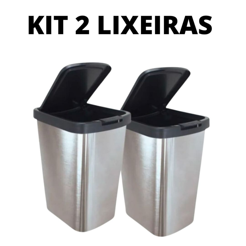 Kit 2 Lixeira Click Label de 9 Litros Plastico Cor Inox Retangular Cozinha Banheiro Tampa Click em Oferta na Shopee