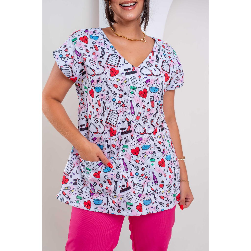 Blusa Bata Scrub Pijama Cirúrgico Estampado - ENFERMAGEM ROSA - Medicina, Psicologia, Odontologia, Fonoaudiologia, Enfermagem, Area da Saude