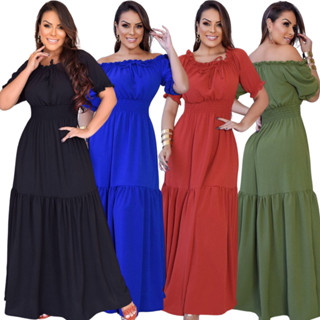 Vestido Longo Feminino Ciganinha Manga Curta Ombro a Ombro Tecido Crepe Duna