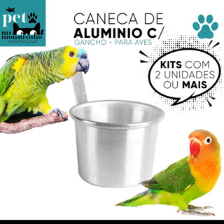 Kit Comedouro com Gancho Caneca de Alumínio para Pássaros Pequena Média Grande Gigante