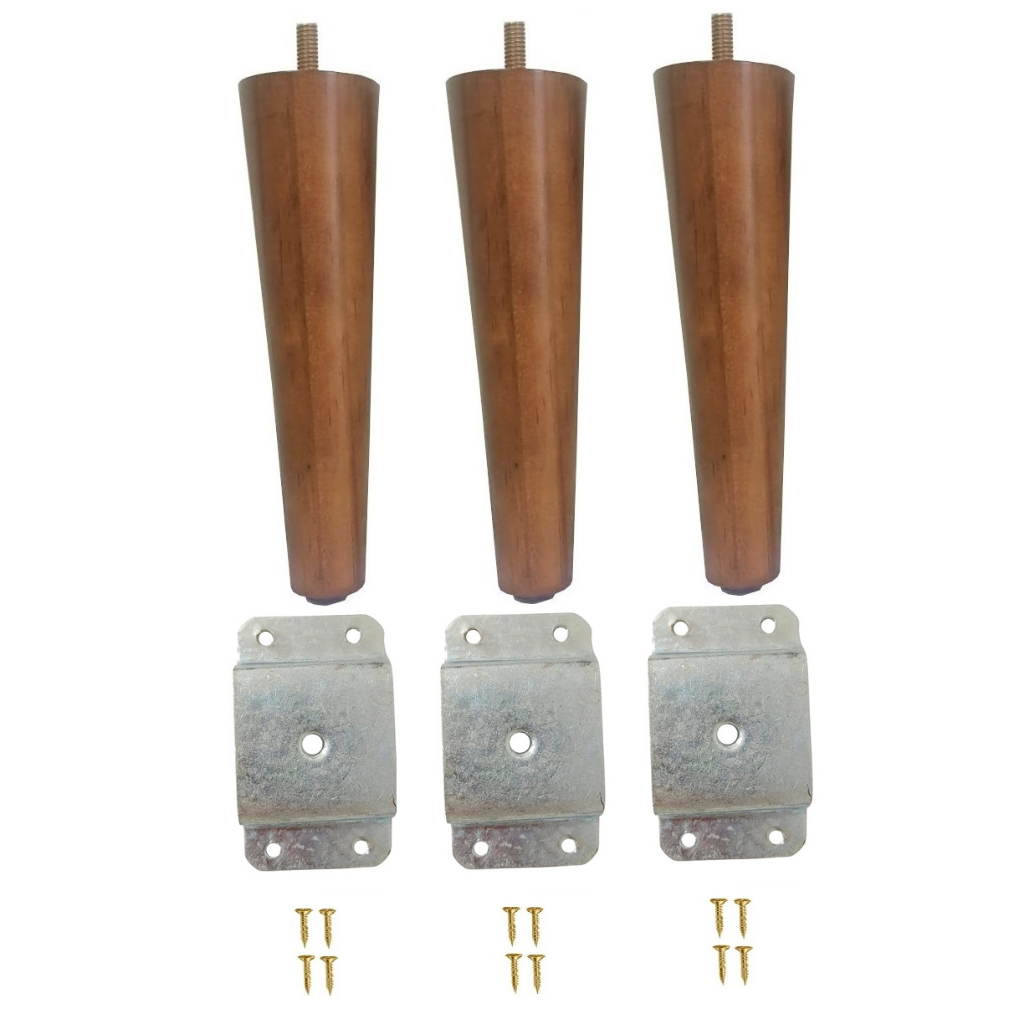 3 Pés Palito 17cm Puff Sofá Rack Poltrona Banco Madeira + 3 Chapinha Chapa Metal Reta + Parafusinhos  - JTHOME