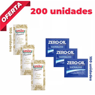 200 unidades de sachês- 100 de açúcar união + 100 de adoçante zero-cal