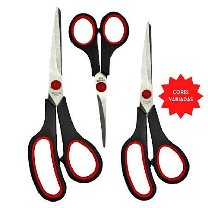 Tesouras Em Aço Inox Kit com 3 Diferentes Tamanhos Multiuso Corte Costura Doméstico e Escritorio em Oferta na Shopee