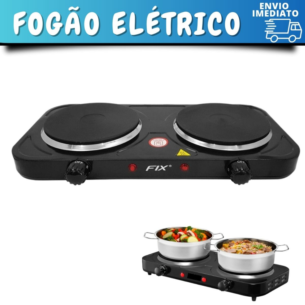 Fogão Elétrico de Mesa 2 Pratos Portátil 2.000 Watts - 220v e 110V Preto e Branco