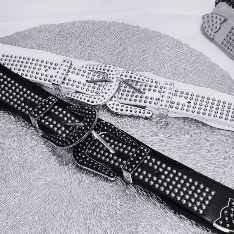 Cinto elástico largo e versátil com fivela dupla e decoração personalizada sem rebites em Oferta na Shopee