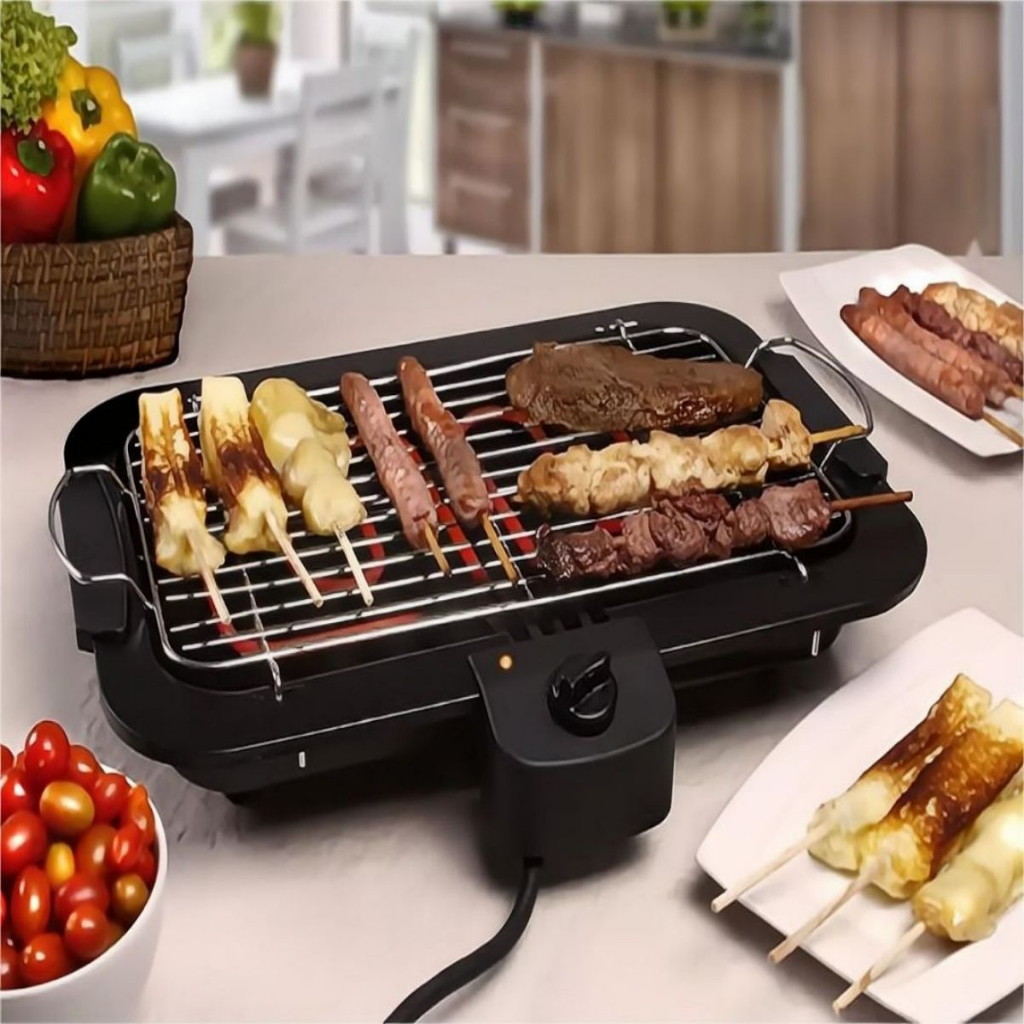 Churrasqueira Elétrica de Mesa Bbq 110/220V Com controle de temperatura, bandeja anti-fumaça e grelha removível