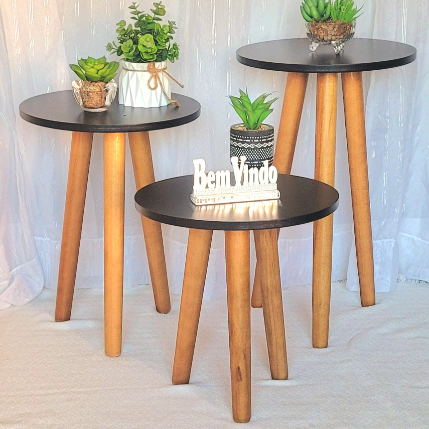 Trio Mesinhas Lateral Redondas Sala Preto Pé Palito Retro P TRIO