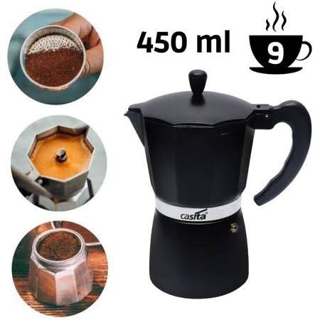 Cafeteira Italiana Moka 9 Xícaras Aluminio Preto Café Expresso Portátil