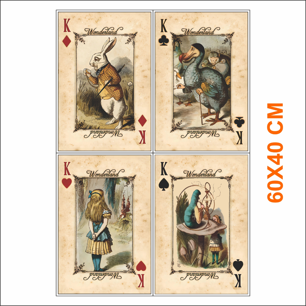 QUADRO DECORATIVO ALICE RETRO 4 CARTAS RETRO ANTIGO