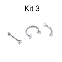 Kit 3 Piercings com 2 Zircônia rendendo Aço septo sobrancelha cartilagem tragus helix.