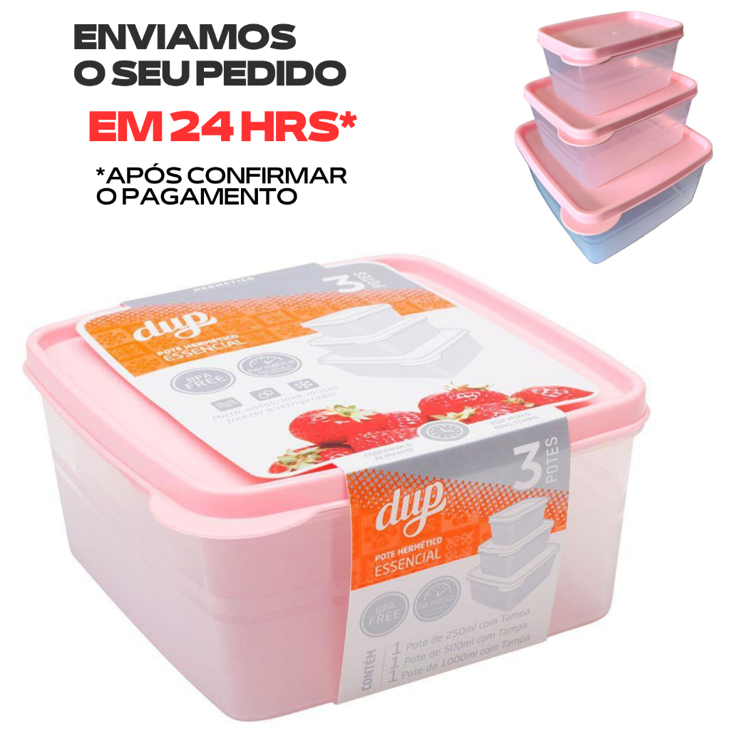 Kit de 3 Potes Dup 500,250ml 1Litro  Pote Hermético Essencial Tampa Marmita Vasilha Freezer Micro-ondas Congelar Papinhas Alimentos Jogo Vasilha Plástico Lanchinho Mini Papinha Super Resistente Rosa