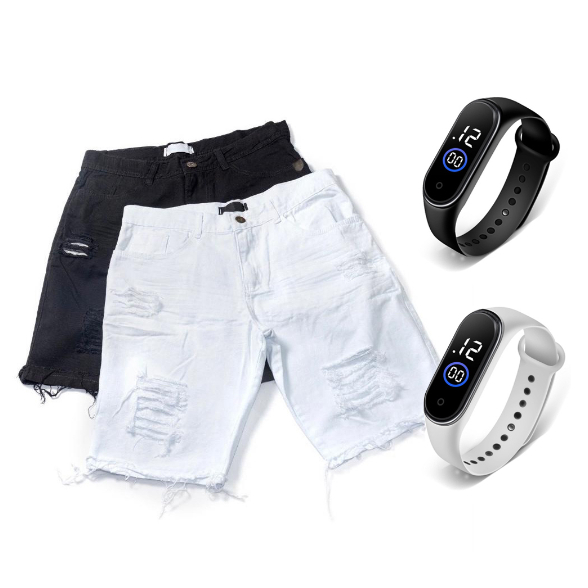 Bermudas Jeans Para Natal e Ano Novo Rasgada Desfiada Preta e Branco Lançamento Verão + Relógio M4 Esportivo A Prova D'Água 2023