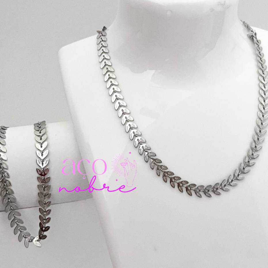 Conjunto Escama Vazada Ou Detalhada Colar + Pulseira Choker Aço Inox Dourado Folinhas