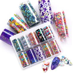 Nail Foil Unhas Decorado Com Borboletas Flores Nail Art manicure, Caixa Com 10 Rolos