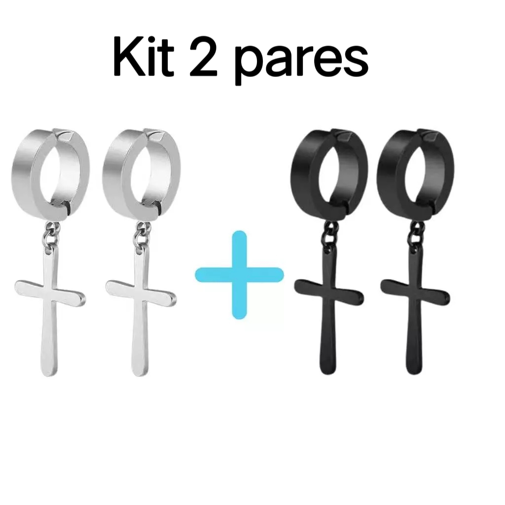Kit 2 Pares Brinco Pressão Cruz Masculino Preto Prata Brinco de Pressão Aço inox em Oferta na Shopee