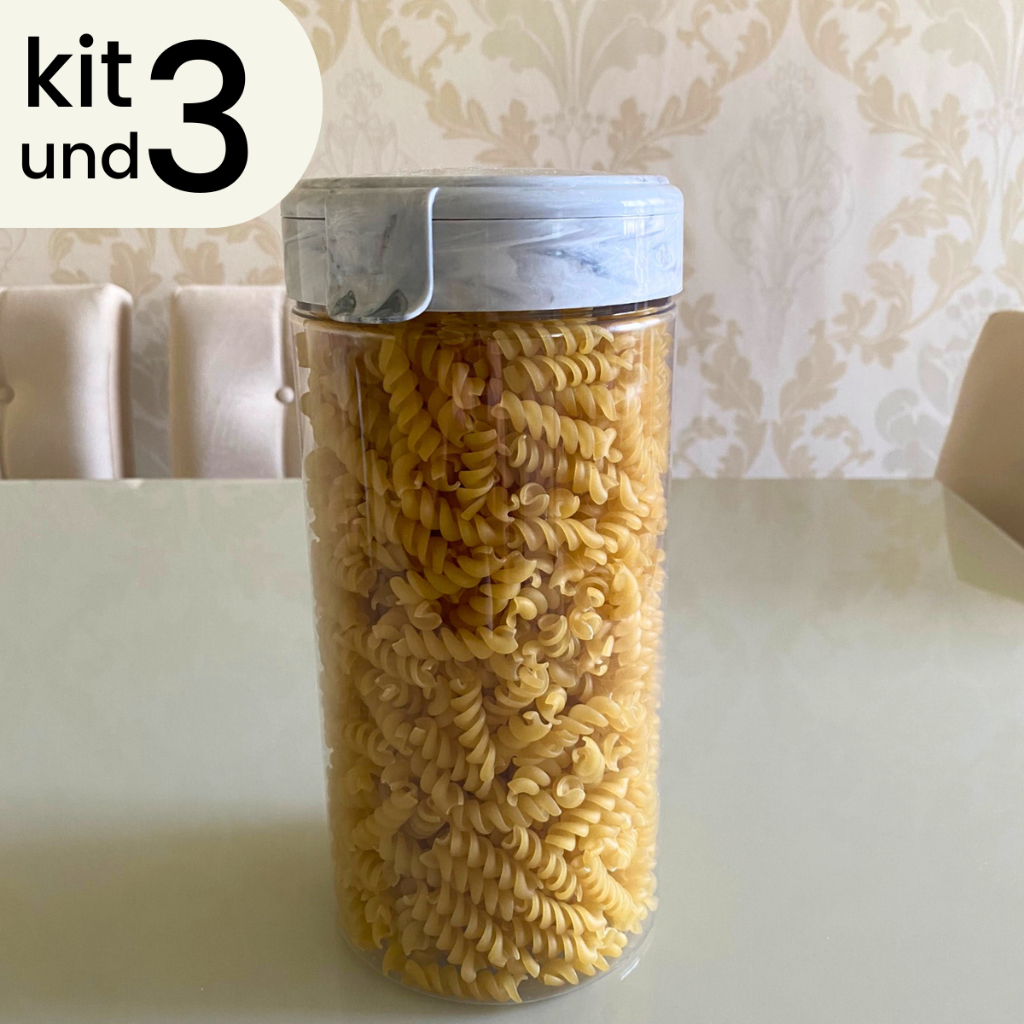 Kit Jogo 3 Potes 2 litros Plástico Tampa Cozinha Encaixe Carrara Transparente Premium Arroz Feijão