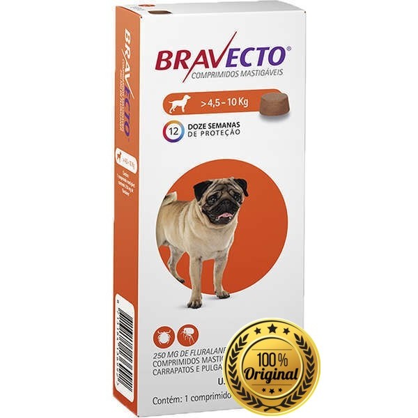 4 Remedios Antipulgas e Carrapatos MSD Bravecto para Cães de 4,5 a 10 Kg 250 mg - Envio Imediato