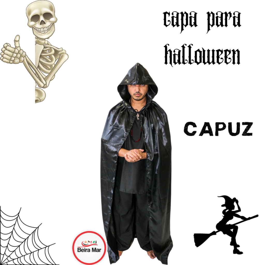 Capa Para Halloween Com Capuz Preto em Cetim