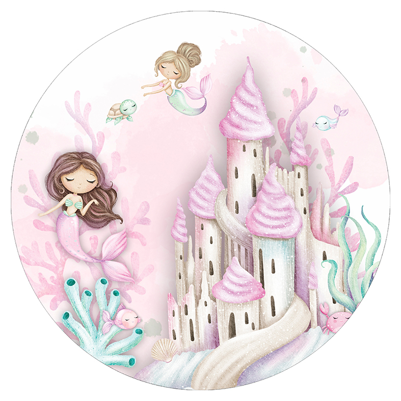Painel 3d Festa Redondo 1,50 Malha Sublimado Sereia Rosa Castelo