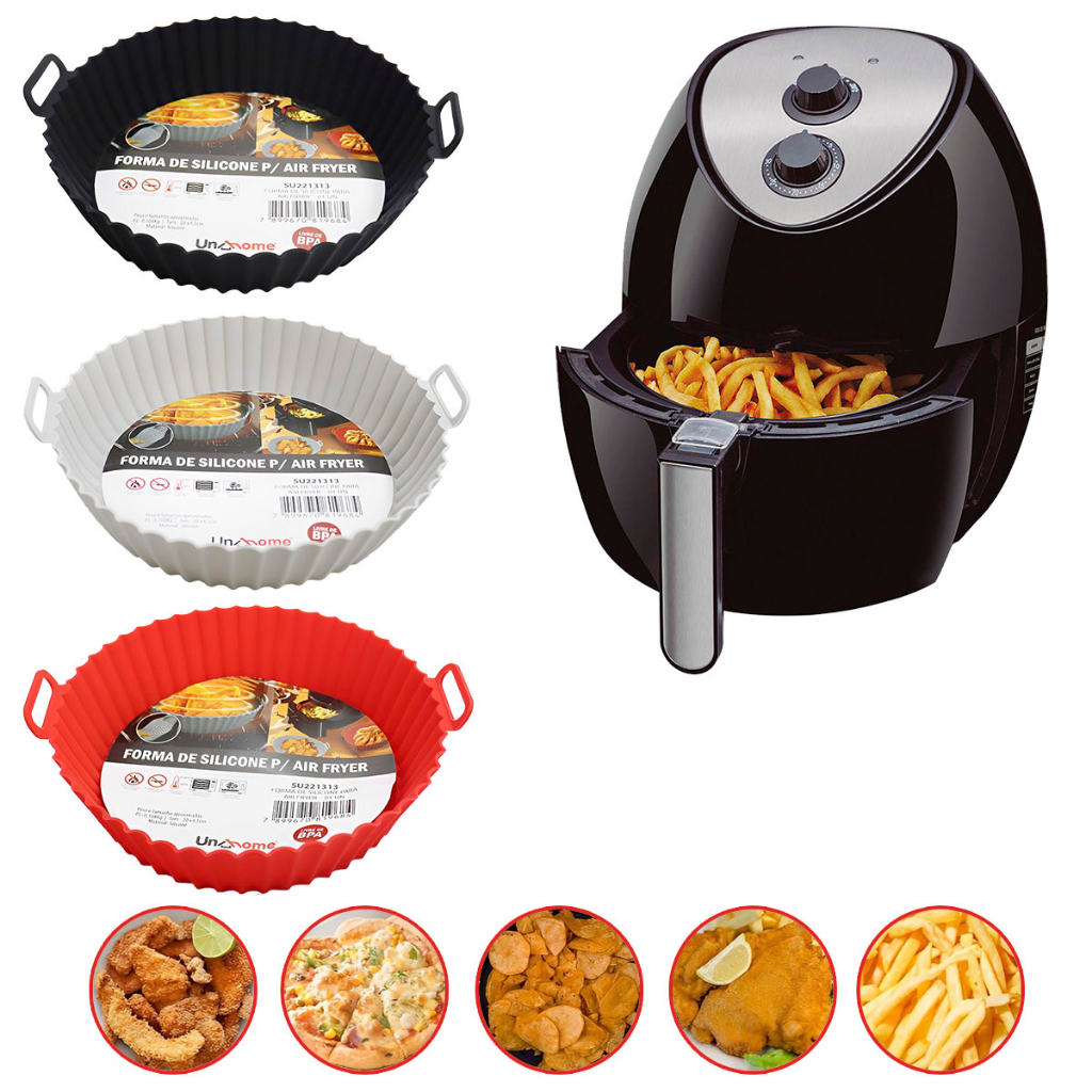 Tapete Redondo Cesto Silicone Para Air Fryer Reutilizável Com Alça Bandeja Fritadeira