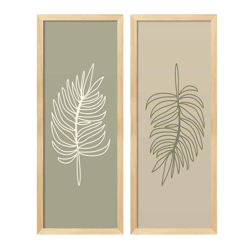 kit 2 quadros decorativos folhas  neutras branca e verde