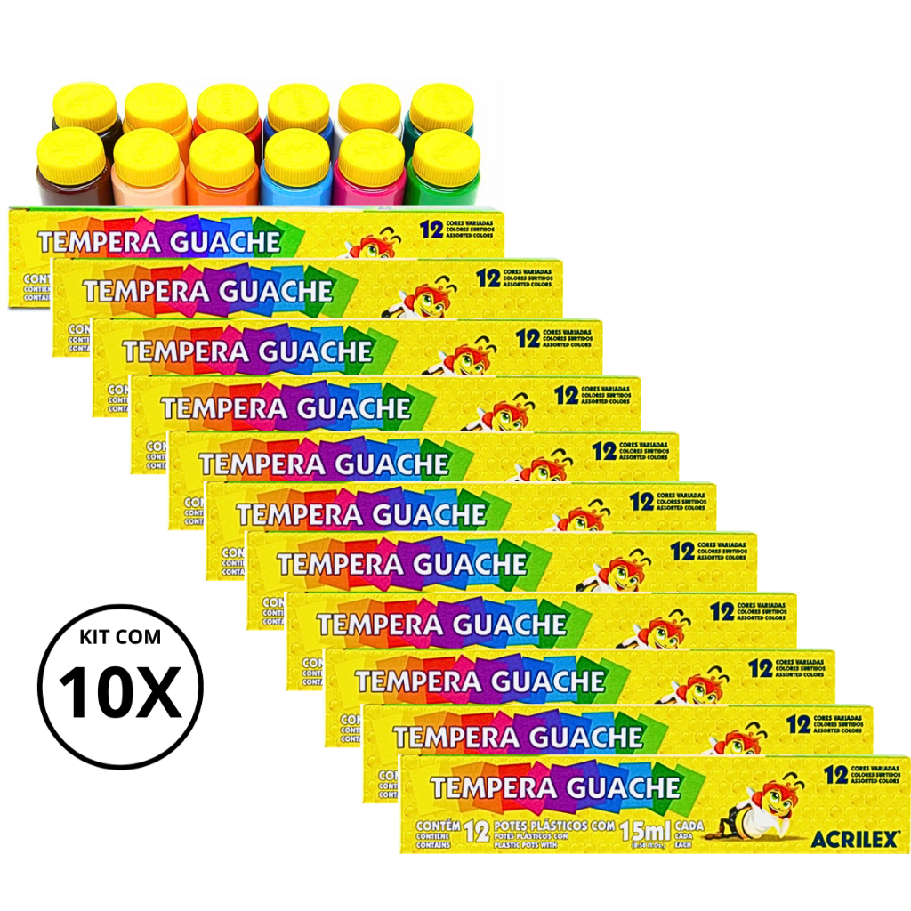 Kit 10 Caixas Tinta Guache 12 Cores 15ml Cada Pote - ACRILEX em Oferta na Shopee