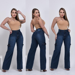 Calça Jeans Feminina Wide Leg cargo pantalona