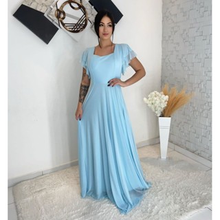vestido longo de festa tule gola quadrada manga curto 0918