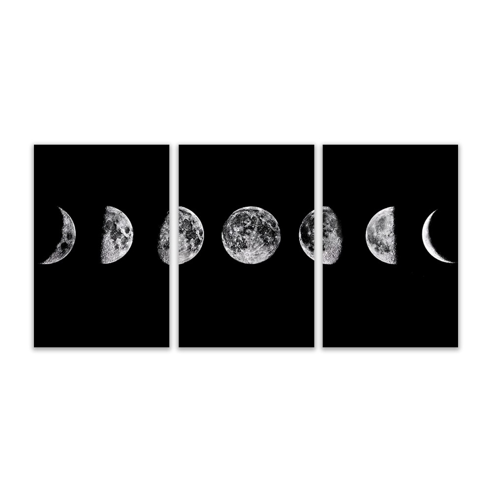 Kit Quadros Decorativos Mosaico 3 Peças Fases da Lua Estrela Satélite Natural Planeta Terra Céu Arte