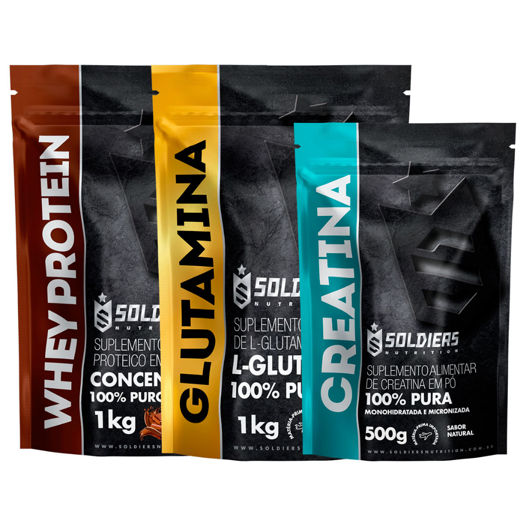 Kit: Whey Protein Concentrado 5kg + Glutamina 1kg + Creatina Monohidratada 500g - 100% Importado - Soldiers Nutrition