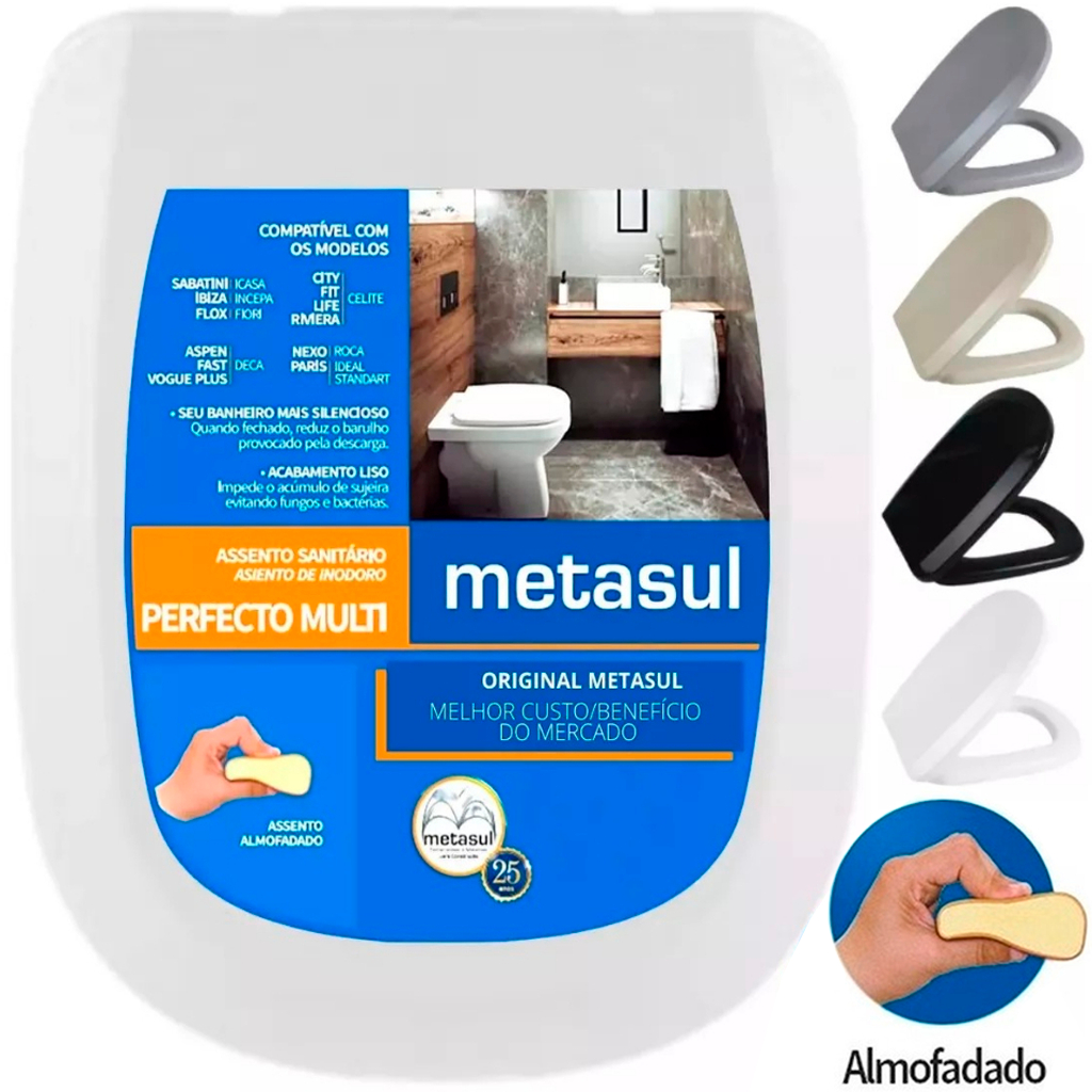 Assento Sanitário Retangular Almofadado Macio Perfecto Multi Metasul Original Icasa Deca Incepa em Oferta na Shopee