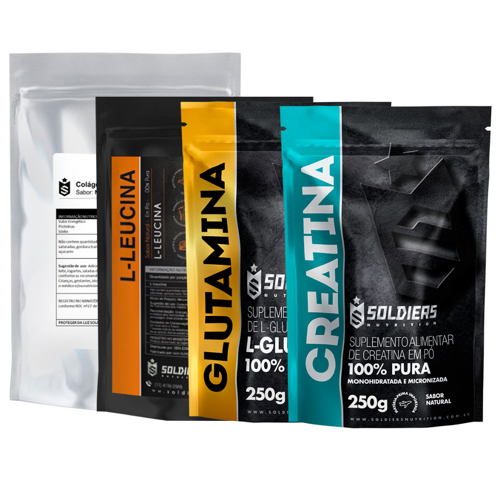 Kit: Creatina Monohidratada 250g + Colágeno Tipo 1 Hidrolisado 500g + Leucina 250g + Glutamina 250g - 100% Puro Importado - Soldiers Nutrition