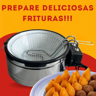Fritadeira elétrica tacho esmaltado 3 litros base em aço inoxidável 1500W 110 ou 220V termostato para controle de temperatura frituras rápidas sequinhas e crocantes tacho fritador esmaltado boca 30cm acompanha cesto envio imediato nota fiscal e garantia