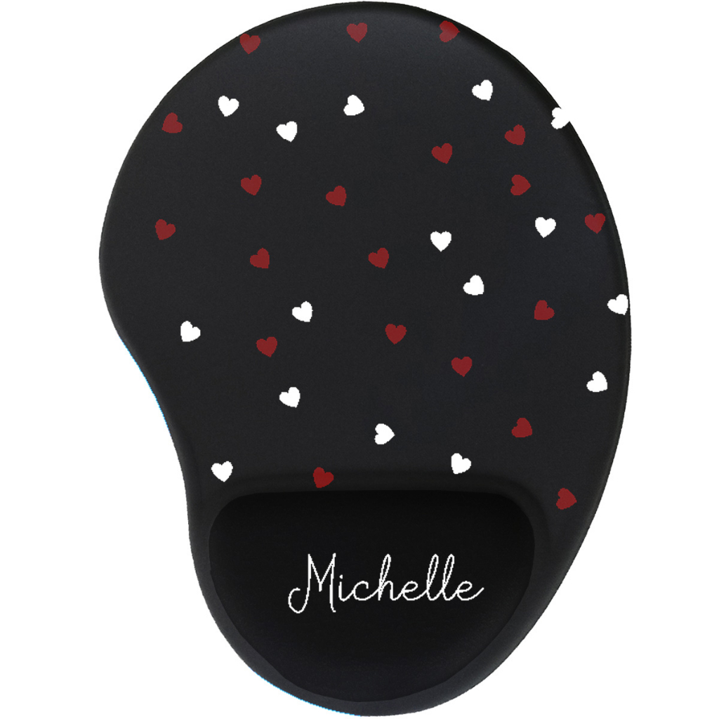 Mouse pad preto corações personalizado com nome com apoio de pulso ergonômico