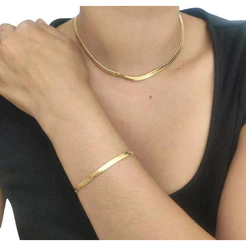 Conjunto Feminino Colar Choker Gargantilha Fita Laminada Banhada + Pulseira