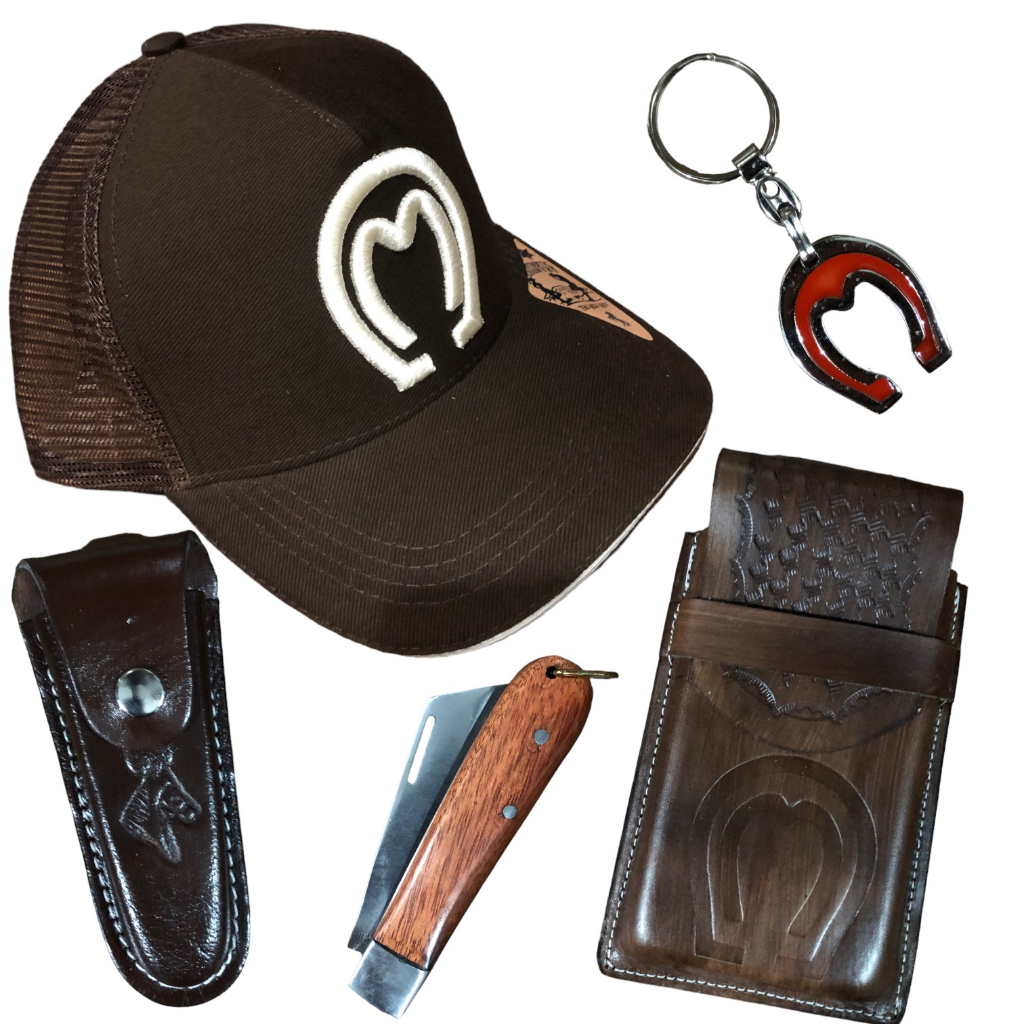 Kit country para cavalgada boné, Canivete, capa de celular e bainha de canivete de couro e chaveiro