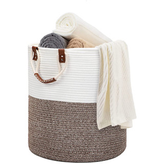 Cestinho Organizador Corda 100% Algodão Com Alças de Couro - 35cm x 40cm - Marrom e Offwhite