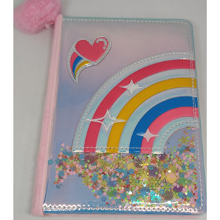 Caderno arco iris com pompom textura e brilho