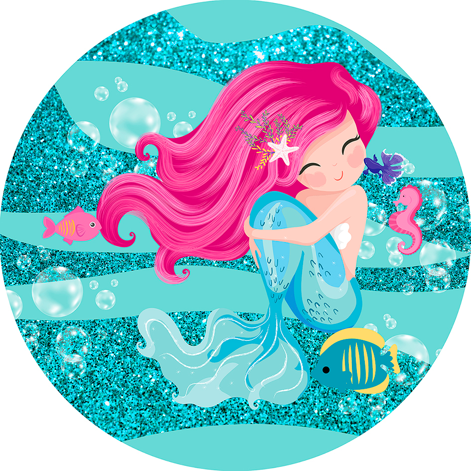 Capa para painel de Festa Redondo 1,50 mts Malha Sublimado Sereia baby turquesa glitter