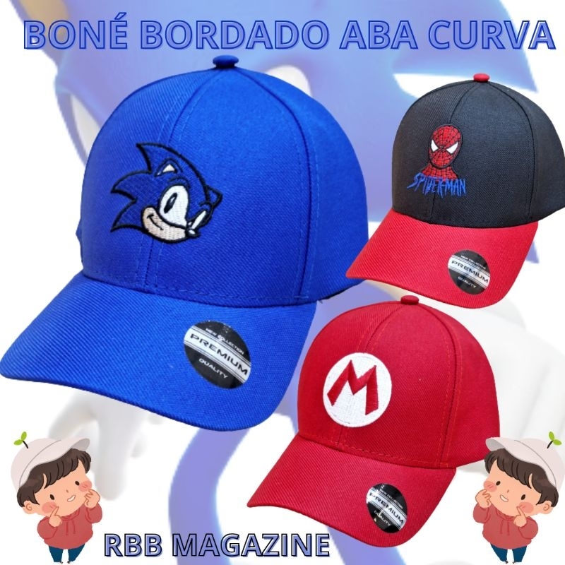 Boné infantil Aba Curva 1 a 4 anos bebê Homem Aranha, Sonic, Super Mario praia, piscina