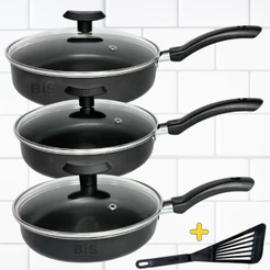 Kit Frigideiras Antiaderente Com Tampa De Vidro Jogo com 3 Peças Teflon 18/20/22cm Preto + Espatula