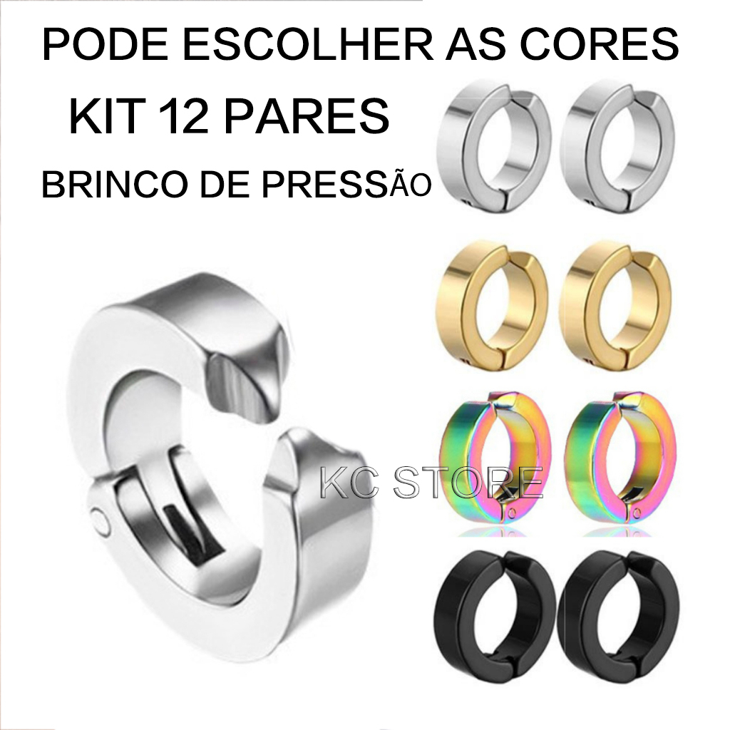 Cartela Kit 24 Brincos de pressão 12 Pares 6 Pares Brinco de aço Inox prata preto não precisar de furo não escurece