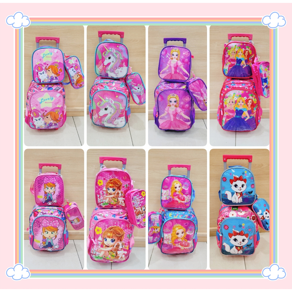 kit Mochila Escolar Menina Infantil Com Mochila de Rodinhas + Lancheira + Estojo