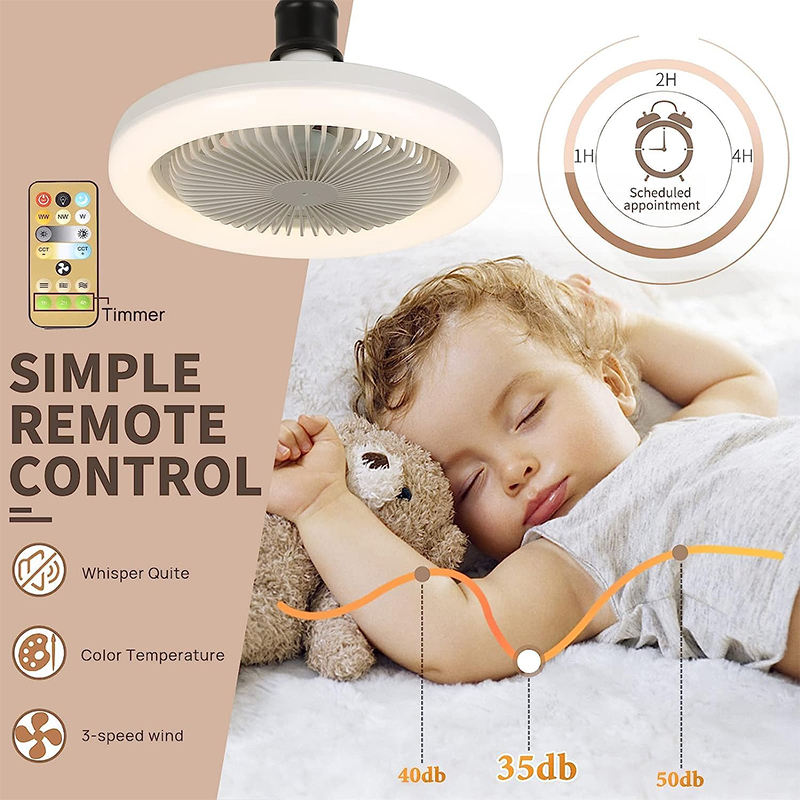 Inteligente ventiladores de teto silenciosa com controle remoto e luz, lâmpada LED, E27, Converter Base, Quarto, Sala de estar