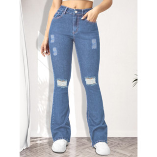 Calça Jeans Feminina Flare Lycra Cós alto Hot Pants estica muito Destroyed