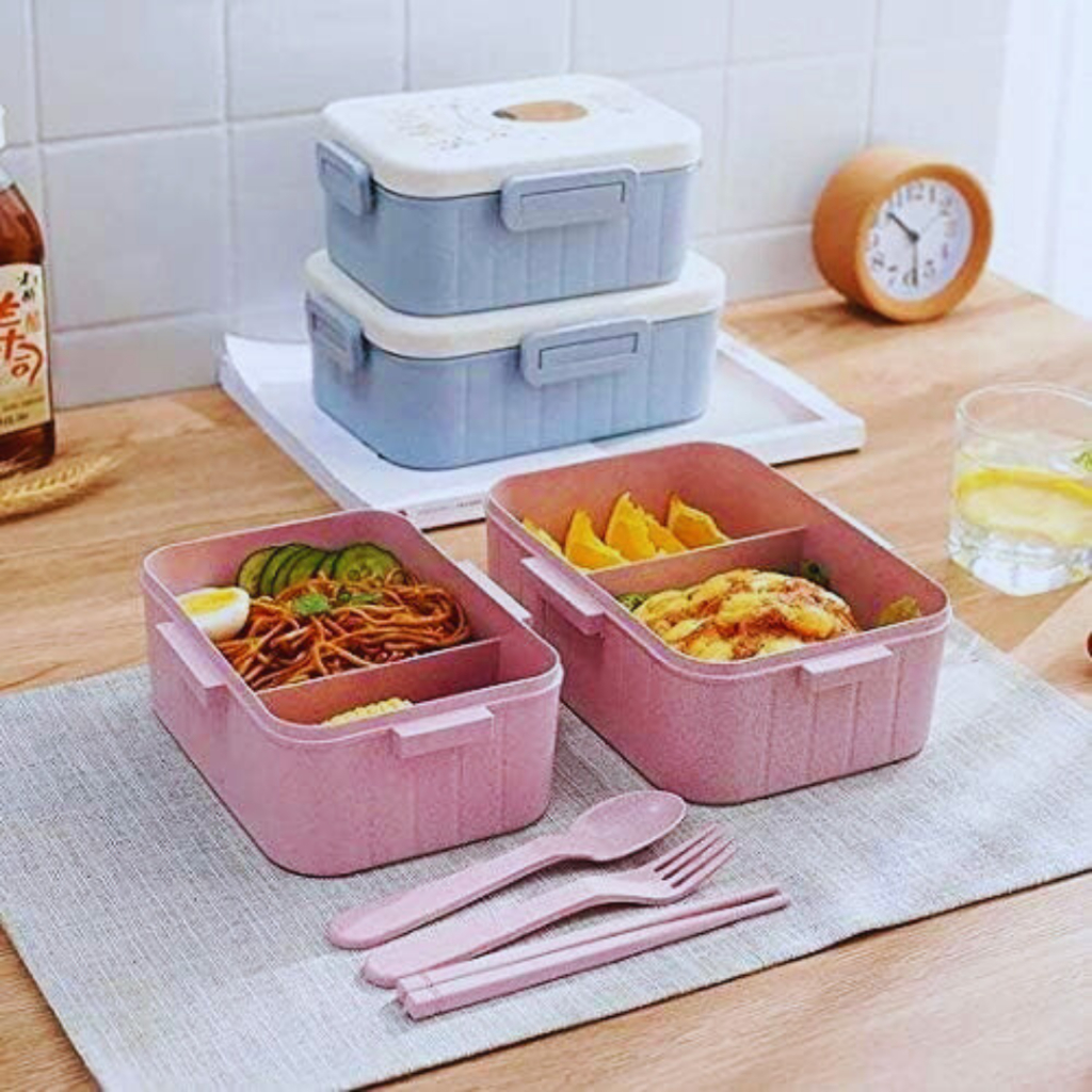 Lancheira Infantil de Plástico Marmiteira com Talheres Garfo Colher e Hashi Alimentacáo Rosa/Azul