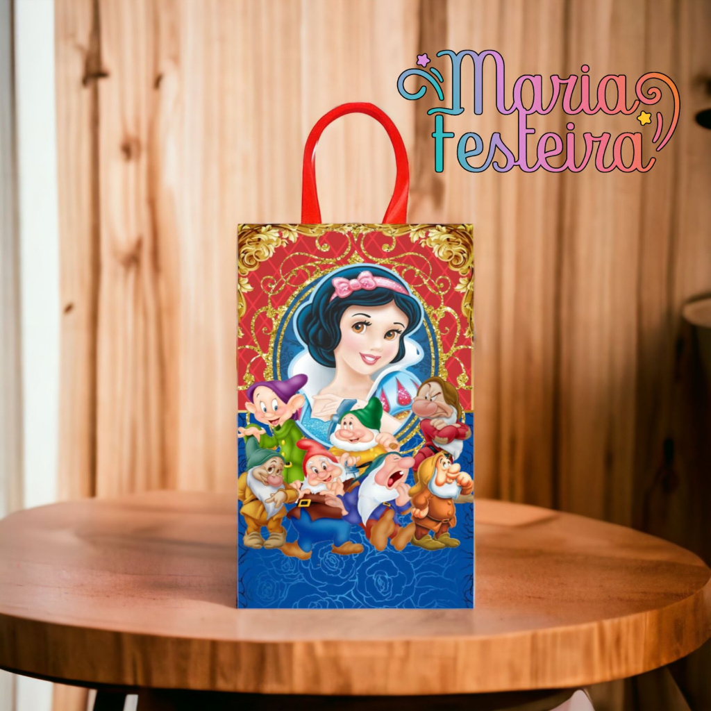 15 Sacolas Personalizadas no Tema Branca de Neve no Tamanho Pequeno 16x10x4cm