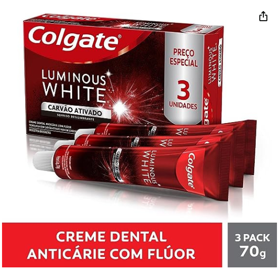 CREME DENTAL CLAREADOR COLGATE LUMINOUS WHITE CARVÃO ATIVADO 70G 3 UNIDADES